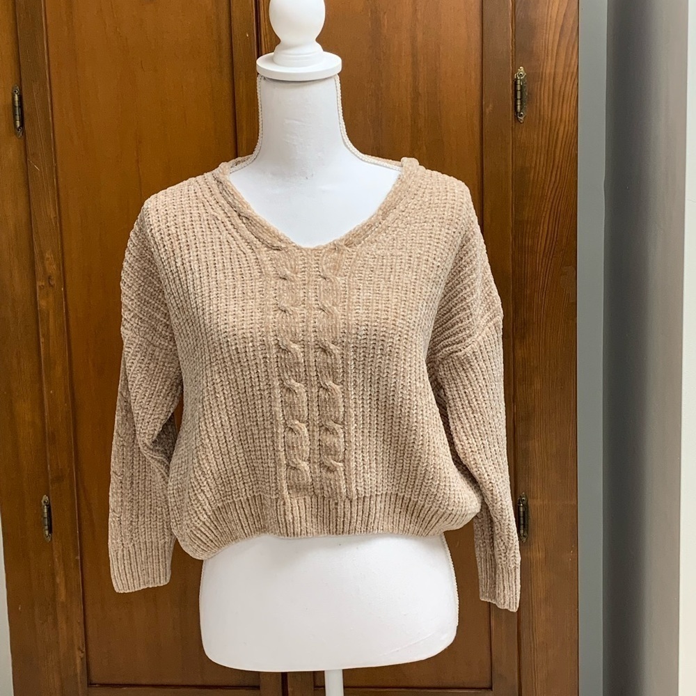 LUV LANE chenille v neck cable knit sweater sand/beige XS #grammycore